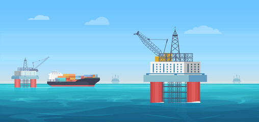 Oil drill platform vector illustration. Cartoon flat ocean or sea landscape with drilling rig tower, ship tanker for gas fuel extraction production and transportation, oil industry offshore background