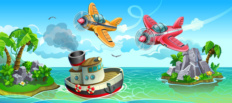 Vector steamer and aircrafts in the sea. Big scene with two colorful airplanes flying over the sea and tropical 
islands with steel steamer.