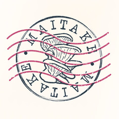 Maitake Stamp Postal. Japanese Mushroom Silhouette Seal. Passport Round Design. Vector Icon. Design Retro Travel.