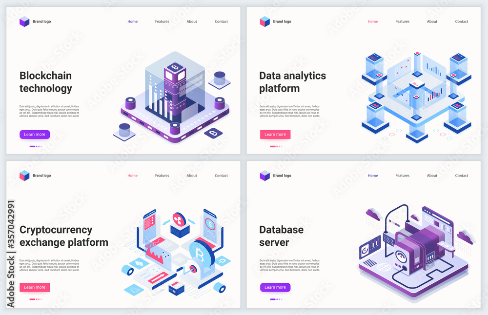Poster isometric blockchain cryptocurrency mining technology vector illustration. creative concept banner s