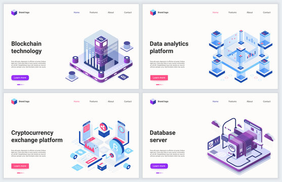 Isometric blockchain cryptocurrency mining technology vector illustration. Creative concept banner set, website design with cartoon 3d block chain digital money miner farm, transfer exchange market