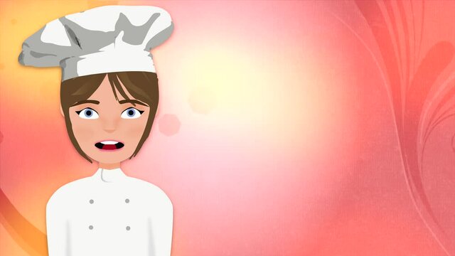 Cocinera animada hablando sobre fondo rosado