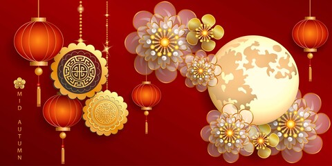 Mid autumn festival / Chinese festival with the moon, moon cake, rabbits, lantern and flowers on red paper. Vector illustration © Pawan