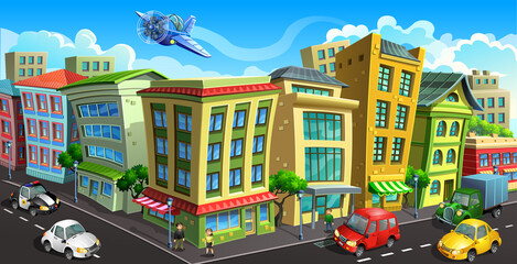 Vector drawing of a city street with colored houses and glass shop windows. City buildings with cars, people and aerocraft.