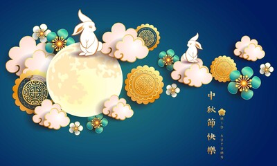 Mid autumn festival / Chinese festival with the moon, moon cake, rabbits, cloud and flowers on blue paper. Vector illustration / Chinese translation : happy mid autumn festival © Pawan