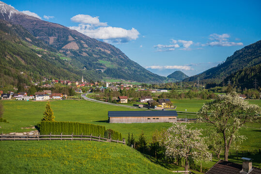 Panoramic top view at Obervellach in Upper Carinthia, Austria in april.