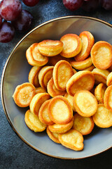 Mini pancakes sweet breakfast snack or dessert Menu concept serving size. food background top view copy space for text organic healthy eating