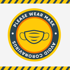 Flat round symbol. Please wear Mask for safety from Covid-19. Vector Image. Stickers for public places where there are a lot of people.
