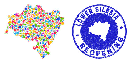 Celebrating Lower Silesia Province map mosaic and reopening scratched stamp seal. Vector mosaic Lower Silesia Province map is designed with randomized stars, hearts, balloons.