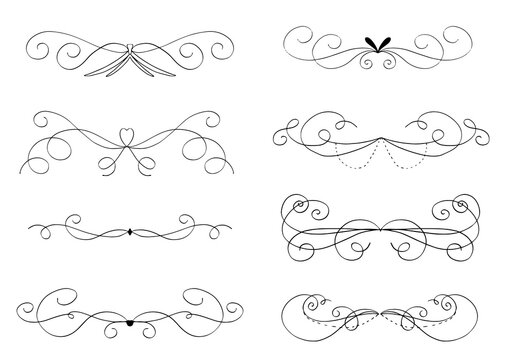 Set of hand drawn flourish dividers and borders. Hand drawn calligraphic flourishes.