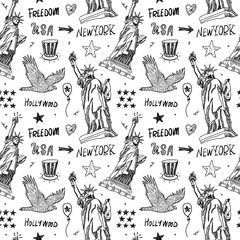 Obraz premium Seamless pattern for design of cards, banners, covers American holidays and textiles. Sketch background with the Statue of Liberty, eagle, American flag, stars, lettering.