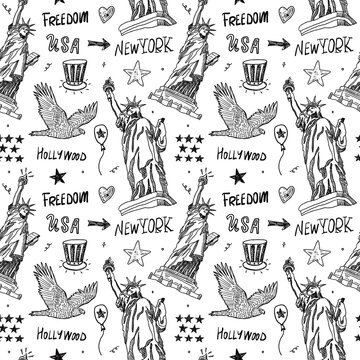 Seamless pattern for design of cards, banners, covers American holidays and textiles. Sketch background with the Statue of Liberty, eagle, American flag, stars, lettering.