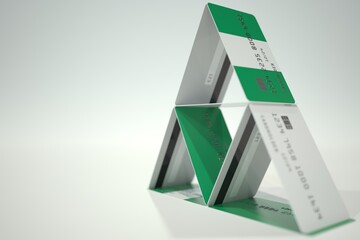Flag of Nigeria on bank card house, fictional data. Financial instability related 3D rendering