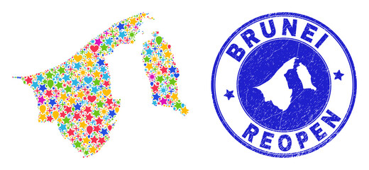 Celebrating Brunei map mosaic and reopening rubber seal. Vector collage Brunei map is organized of scattered stars, hearts, balloons. Rounded rough blue seal with corroded rubber texture.
