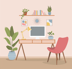 Workplace with computer and lamp. Houseplants and books on the shelf. Vector flat illustration