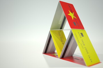 National flag of Vietnam on credit card house, fictional data. Risky financial decisions related 3D rendering