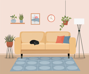 Furniture: sofa, bookcase, picture. Living room interior. Sleeping Cat.Flat style vector illustration