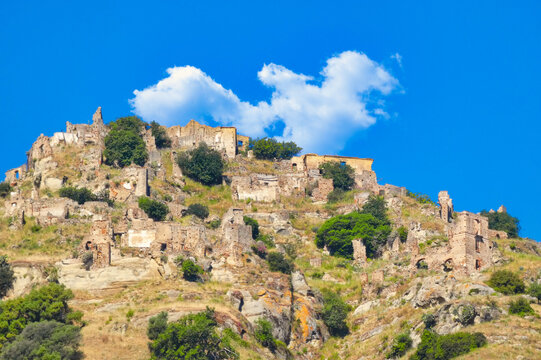 Ruins of an abandoned village in the mountains.