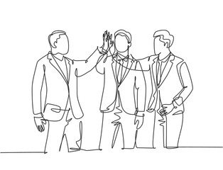 Single line drawing of young happy businessmen celebrate their successive business and giving high fives gesture. Business deal concept continuous line draw graphic design vector illustration