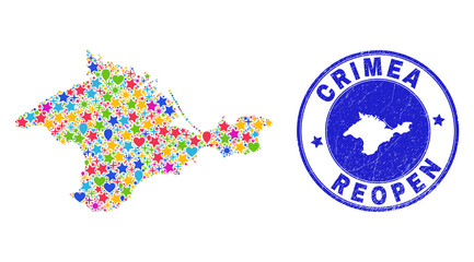 Celebrating Crimea map collage and reopening rubber stamp. Vector collage Crimea map is constructed of random stars, hearts, balloons. Rounded rough blue watermark with unclean rubber texture.