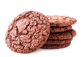 A heap of chocolate chip cookies on a white background. Isolated