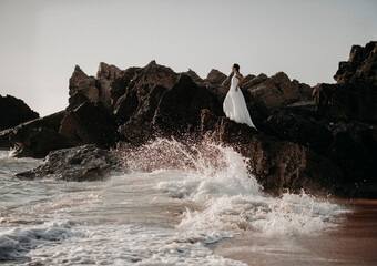 Wedding beach young couple sunset sand white happy sea waves