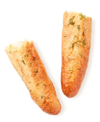 Bread baguette broken in half on a white background isolated. The view from top