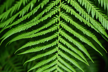 Close-up of green fresh fern fronds against dark background in nature
