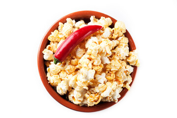 Detail of gourmet pepper and caramel popcorn over white background.