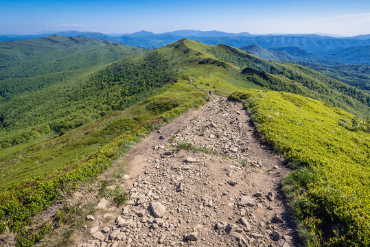 Hiking on a Halicz mountain top in Bieszczady mountain range in Poland