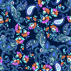 beautiful hand drawn paisley with a mix of bright flowers - seamless vector background