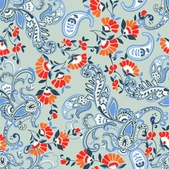 Bohemian paisley drawing, seamless floral pattern