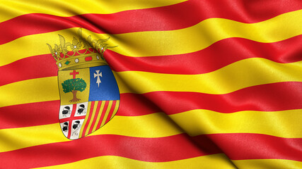 Flag of Aragon waving in the wind. 3D illustration.