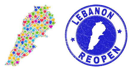 Celebrating Lebanon map collage and reopening scratched seal. Vector collage Lebanon map is formed with randomized stars, hearts, balloons. Rounded rough blue seal with scratched rubber texture.