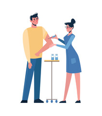 Vaccination of people against various diseases, including the coronavirus COVID-19. A nurse administers a vaccine to a man. Prevention, injections. Health vector on white background. Medical poster