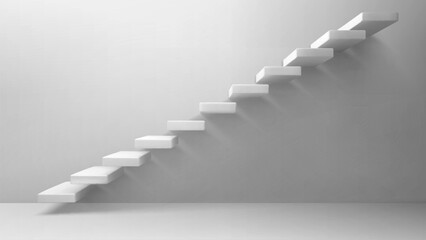 3d stairs, white staircase on blank wall background. Way to business success, career ladder, architecture construction for building interior or exterior decoration. Realistic vector illustration