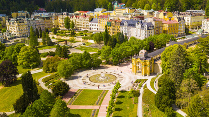 Aerial view of Marianske Lazne spa (Marienbad). Fountain in spa colonnade from above. Karlovy Vary...