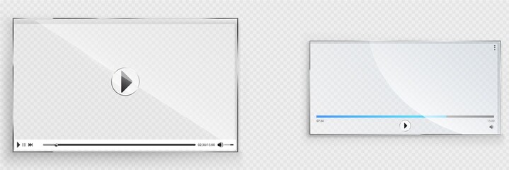 Glass video player interface, transparent window with play, rewind,stop, pause and volume buttons. Screen mockup for web design, audio multimedia application panel, Realistic 3d vector illustration © klyaksun