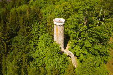 Aerial view of observation tower Hamelika near Marianske Lazne. Popular tourist destination in West Bohemia, Czech republic, European union.