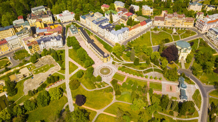 Aerial view of Marianske Lazne spa (Marienbad). Fountain in spa colonnade from above. Karlovy Vary...