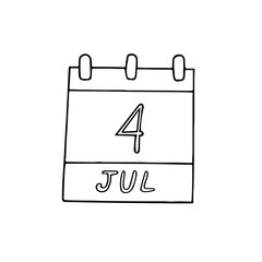 calendar hand drawn in doodle style. July 4. International Day of Cooperatives, Independence, date. icon, sticker, element, design. planning, business holiday