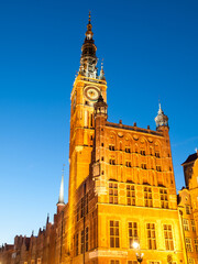 Illuminated Town Hall in historical centre of Gdansk