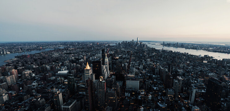 Panorama of evening New York and the Hudson River photographed from the Empire State Building