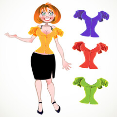 Pretty sexy woman with set of different colours blouses