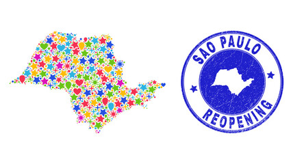 Celebrating Sao Paulo State map mosaic and reopening dirty seal. Vector mosaic Sao Paulo State map is designed of scattered stars, hearts, balloons. Rounded awry blue seal with grunge rubber texture.