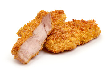Crispy chicken fillet in breadcrumbs, isolated on white background