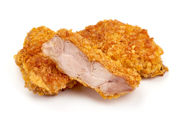 Crispy chicken fillet in breadcrumbs, isolated on white background