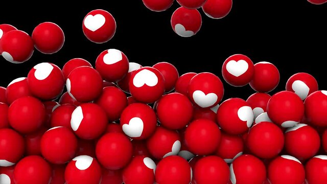 Animation of falling and filling screen red balls with hearts likes finger symbol at black background. 4K animation with alpha channel.