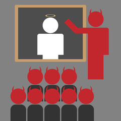 devil teacher among devil students in the classroom studying the saint