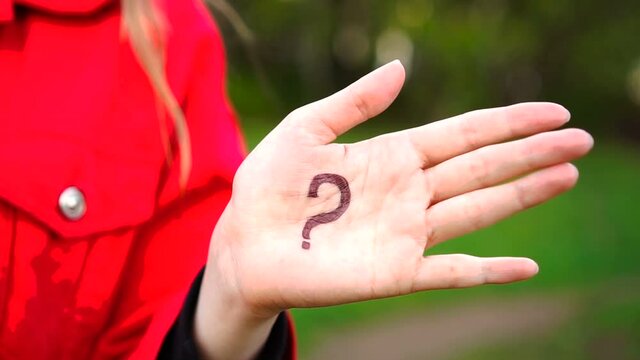 Hand with the symbol y on the palm: question mark